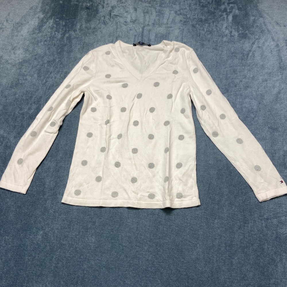 Tommy Hilfiger Sweater Womens Medium White Polka Dot V-Neck Classic Winter Wear